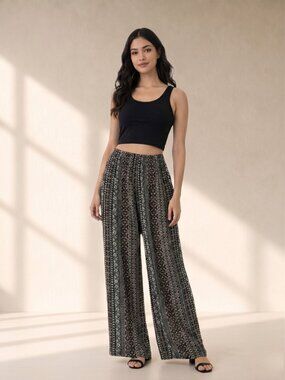 Passport Boho Smock Waist Flare Pants Small Black Mixed Print Rayon